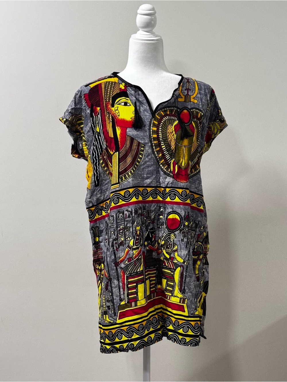 Egyptian Print Beach Cover Up Kaftan Tunic – Gray Yellow Red